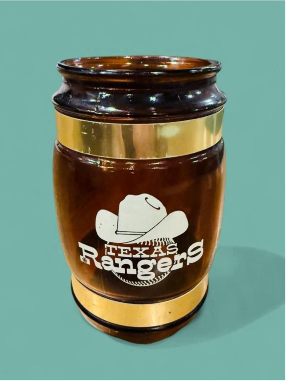 Vintage Siesta Ware Texas Rangers Arlington Stadium Amber Glass Wood Handle Mug